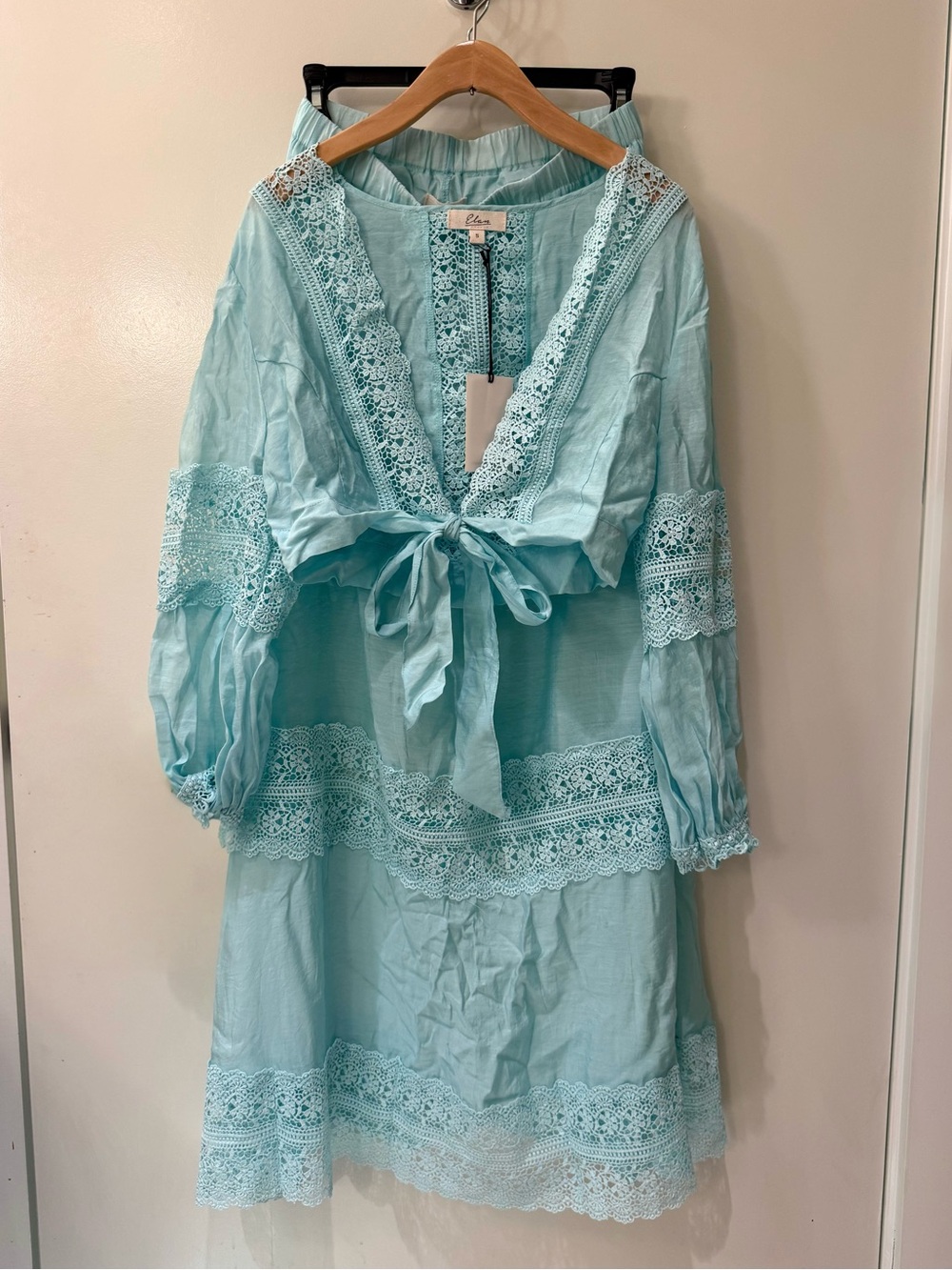 Elan 2 Piece Shirt & Skirt Set Lace Trim Maxi Blue NWT